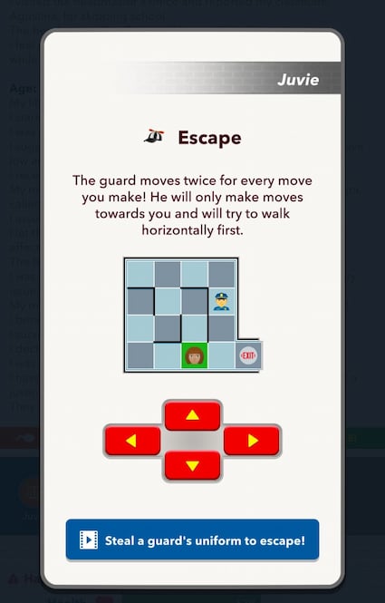 Picture showing the Escape the Juvie mini game in Bitlife.