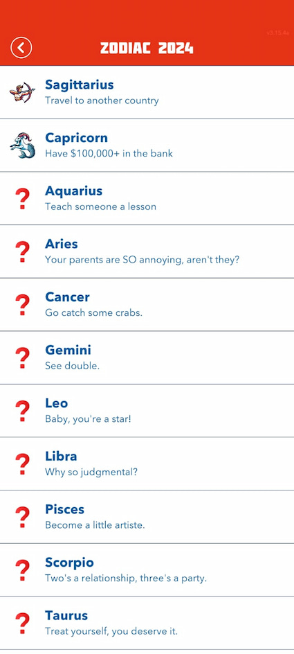 Picture showing all the Zodiac clues to get the answers for the Scavenger Hunt in Bitlife.