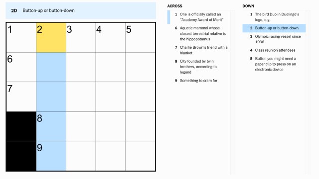 button up or button down clue highlighted in blue and yellow from the NYT mini crossword puzzle