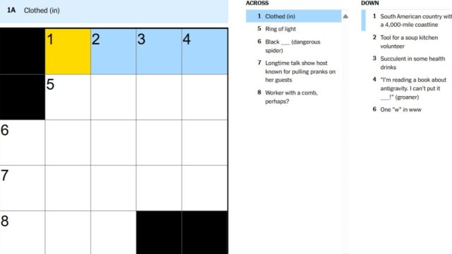 clue for clothed in nyt mini crossword