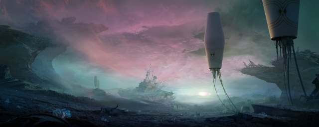 A desolate space wasteland with a sunken ship on it. The enviroment has a pink-cyan glow.