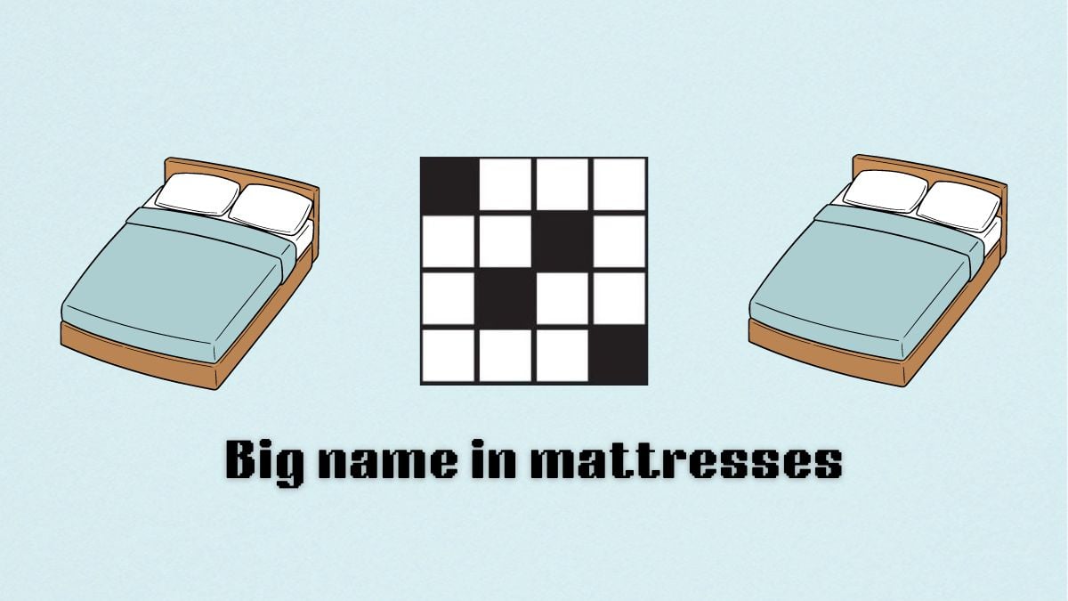 "Big name in mattresses" written below a blank crossword. A bed image is to either side of the crossword.