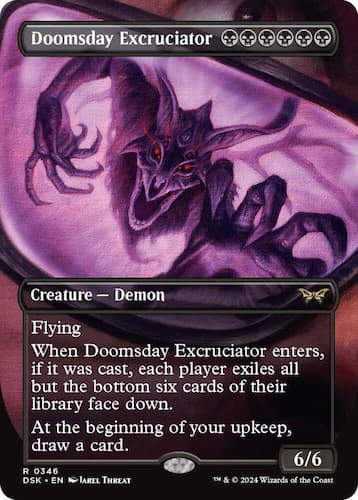 Reflection of monster with logn horns and fingers lunging at human through sunglasses in MTG Duskmourn set