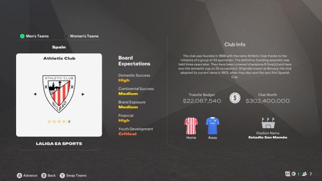 An overview of Athletic Club in EA FC 25 Career Mode.