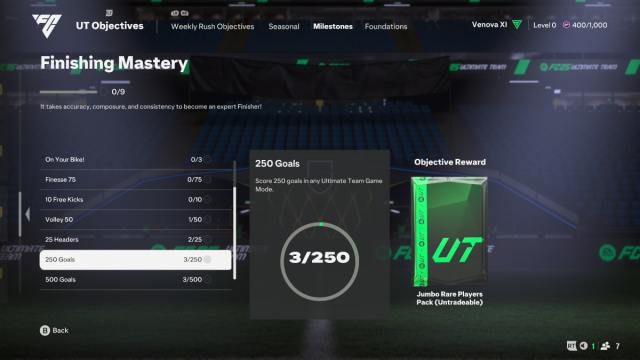 An example of objectives in EA FC 25, showing rewards for scoring 250 goals.