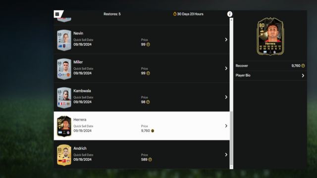 The quicksell recovery screen in EA FC 25 showing a TOTW player.