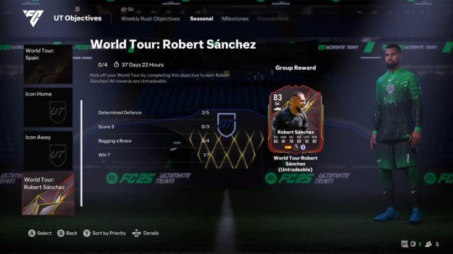 An overview of the Robert Sanchez World Tour card in EA FC 25.