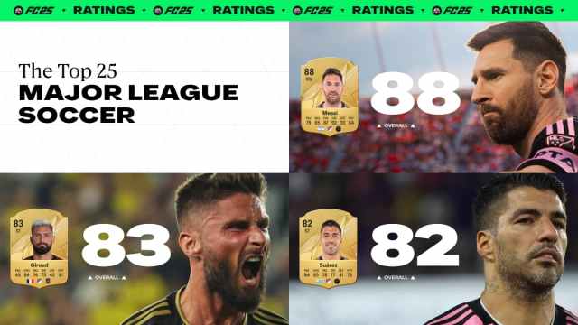 An image showing Lionel Messi, Olivier Giroud and Luis Suarez as the top-rated MLS players in EA FC 25.