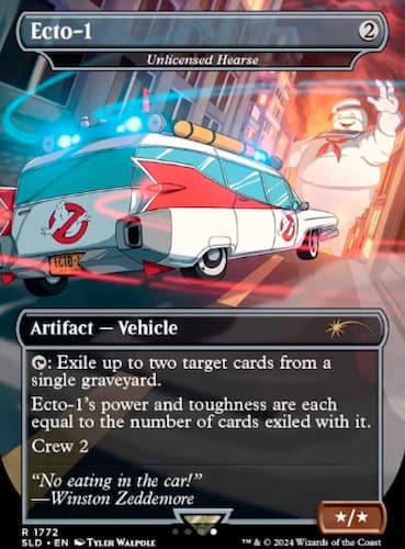 Redm white, and blue Ghostbuster Ecto-1 vehicle speeding toward Puff Marshmellow man in Ghostbusters MTG Secret Lair set