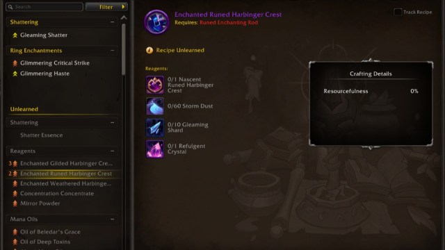 Crafting the Enchanted Runed Harbinger Crest in WoW The War Within.