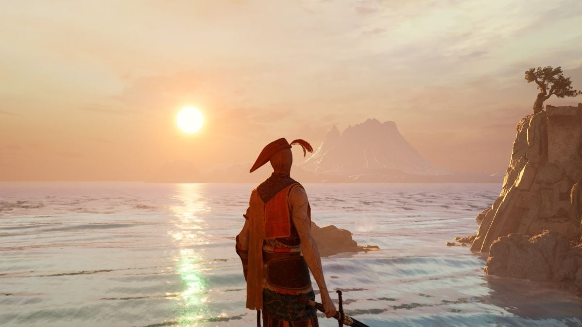 Battlemage looking out into the ocean, with the sun rising on the left, and a tree atop a cliffside visible on the right-hand side