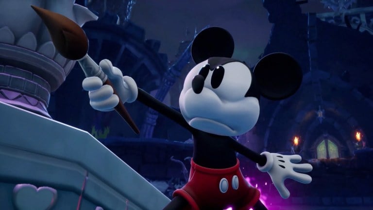 Mickey looking determined, pointing his Magic Brush out in front of him