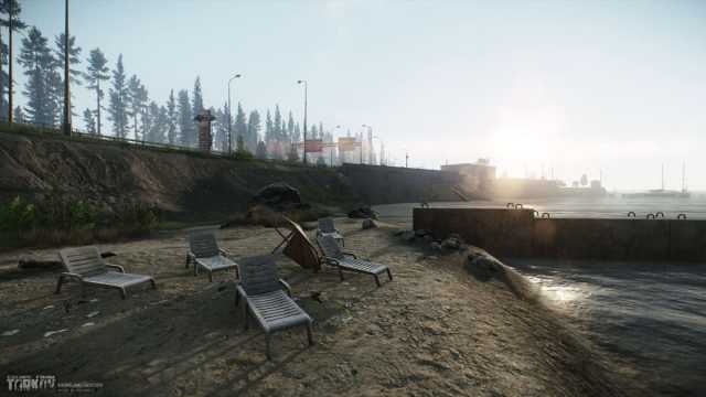 An image of an empty beach in Escape from Tarkov. There are several empty lounge chairs strewn across the desolate beach.