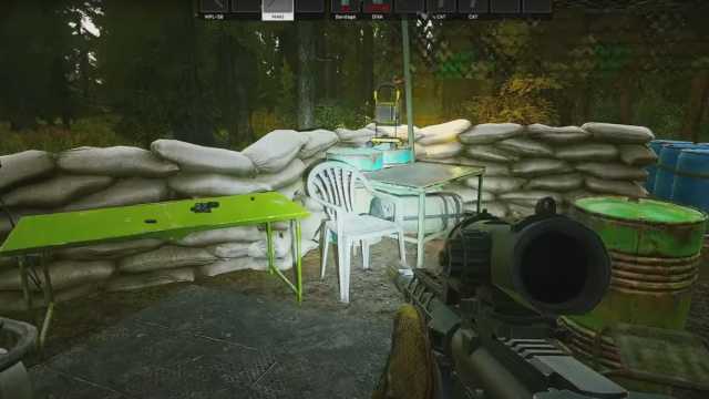 An image from Escape From Tarkov of a white lawn chair, which holds a poster to complete a quest.