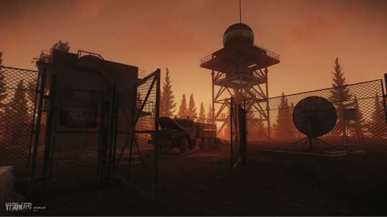 An image of a sunset in Escape from Tarkov, which highlights a water tower in shadow.