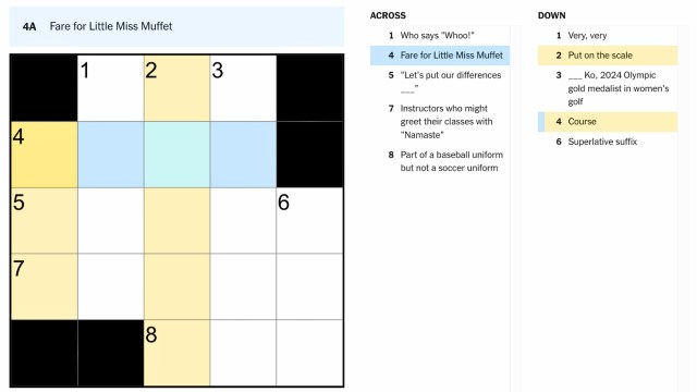 the clue, fare for little miss muffet highlighted on a crossword puzzle