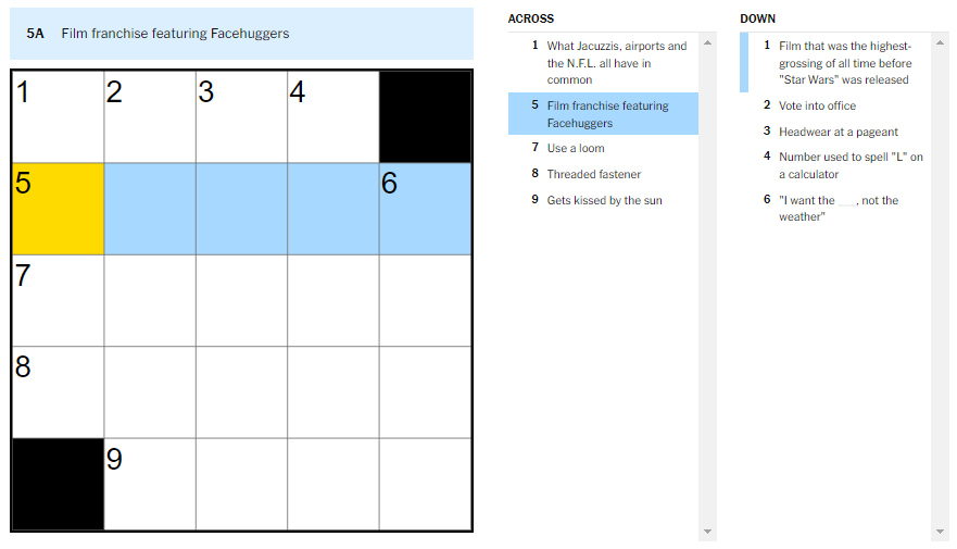 Picture showing the film franchise featuring Facehuggers clue in NYT Mini Crossword.