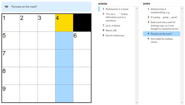 Picture showing the Focuses on the road clue in NYT Mini Crossword.