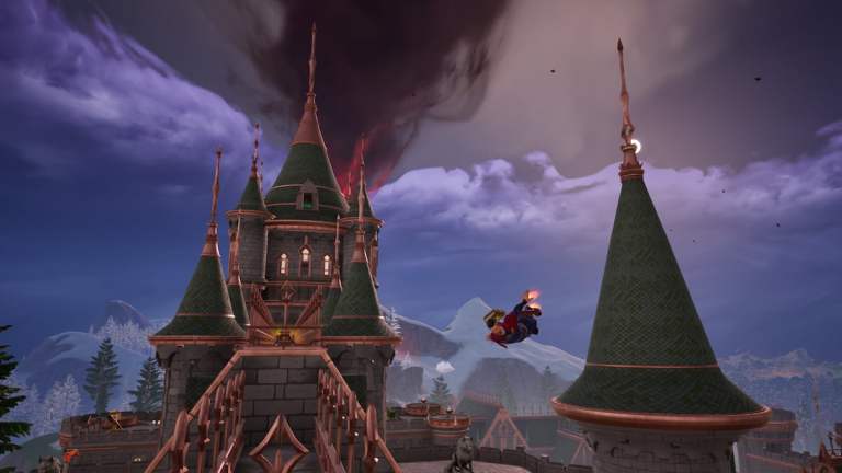 Picture showing player flying over Doom's Castle in Fortnite.