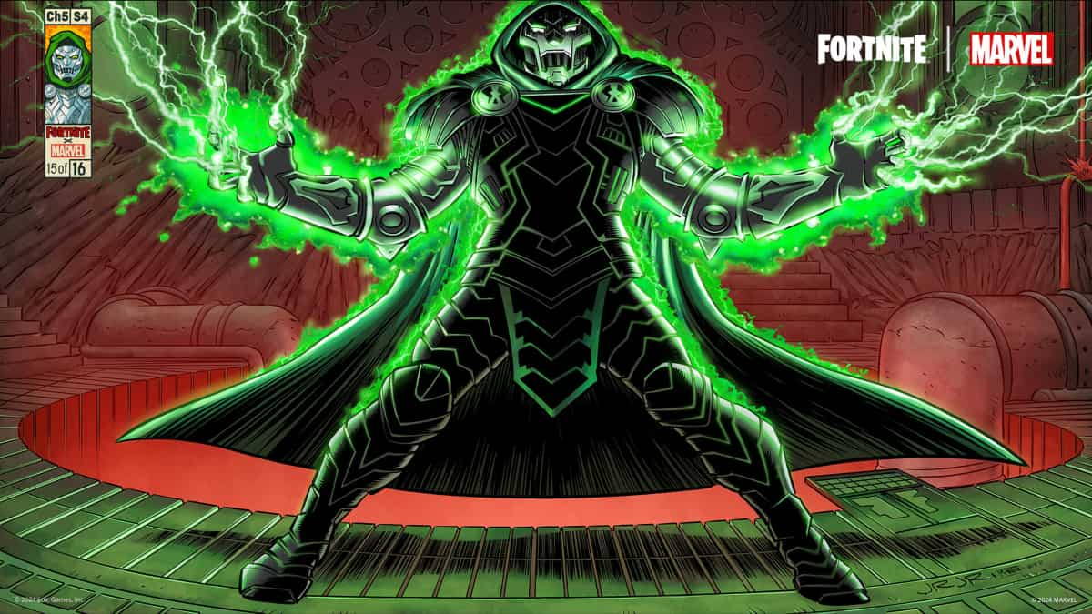 A loading screen in Fortnite showing Doctor Doom in a comic art stle.