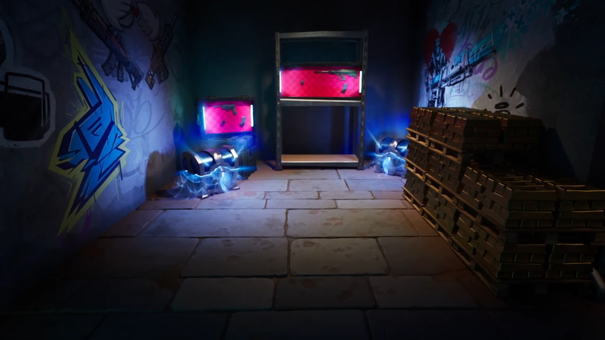 A Bunker in Fortnite with two rare chests hidden in the darkness.