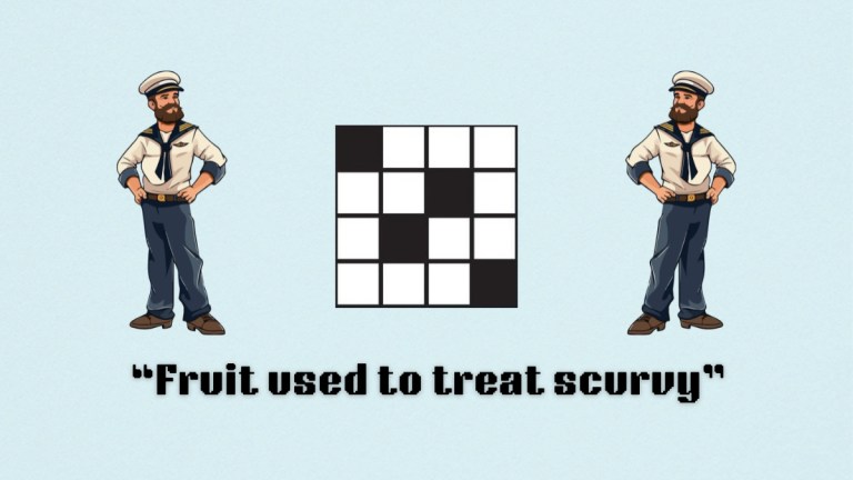 Two sailors standing above the clue, fruit used to treat scurvy, from the nyt mini crossword puzzle