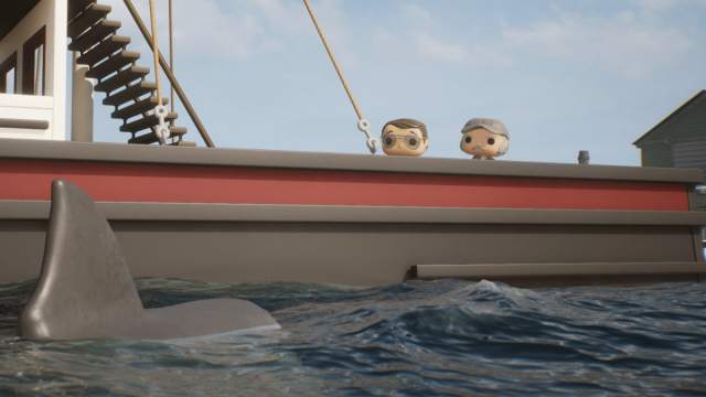 Characters from Jaws on a boat in Funko Fusion.