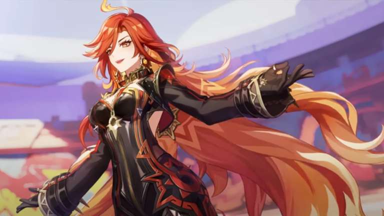 An image of Mauvika, the pyro Archon from Genshin Impact. This character has a black leather body suit and flowing red hair.