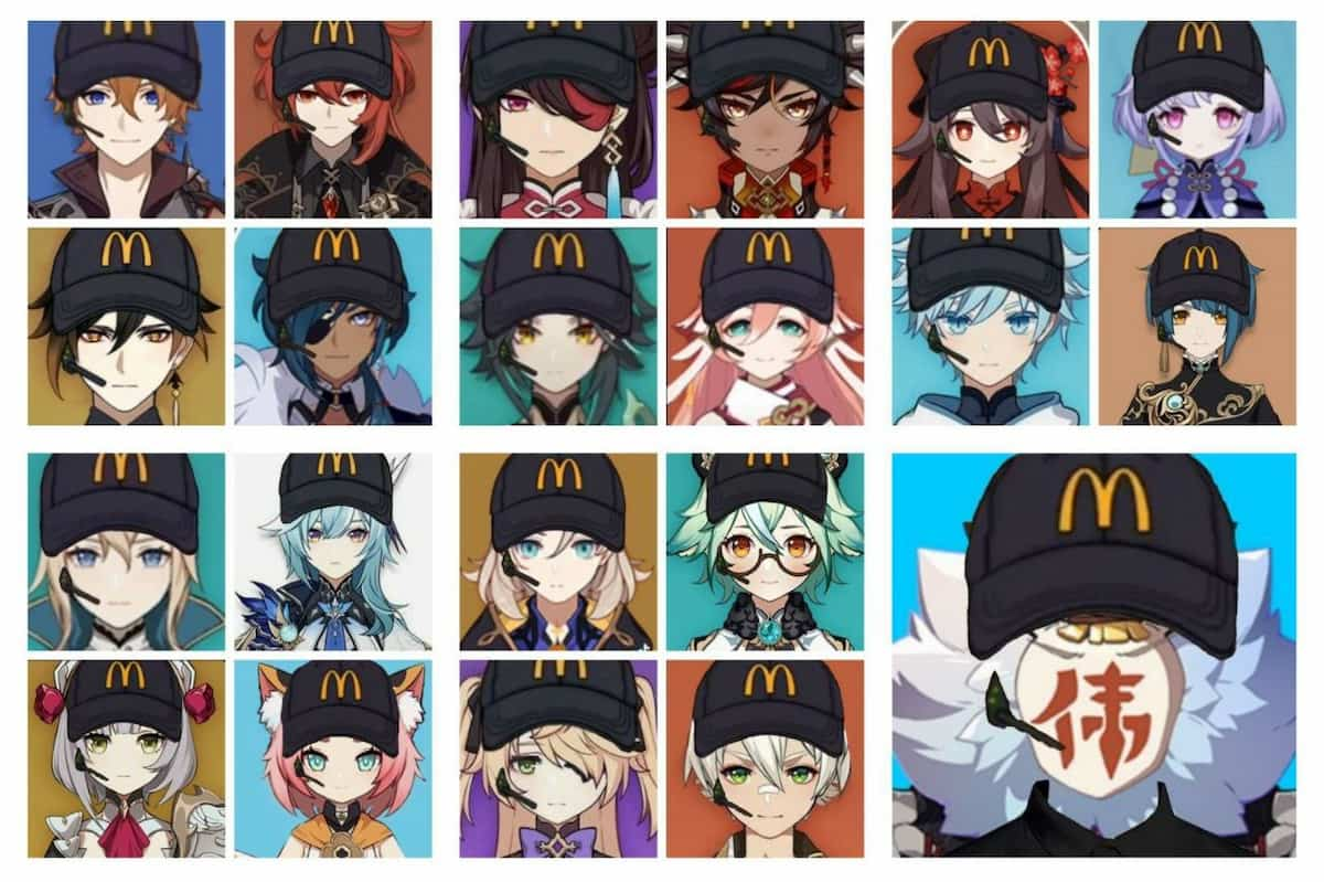 An image of a popular Genshin Impact meme, where various character wear McDonald's caps.