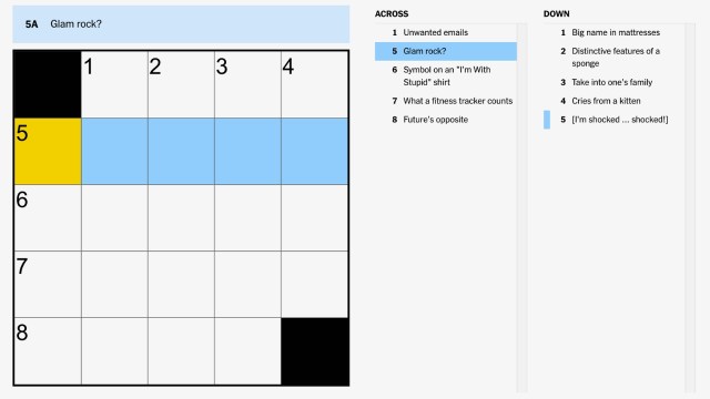 the clue, glam rock?, highlighted in blue and yellow on the NYT Mini Crossword puzzle