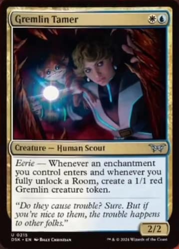 Woman in blue and white with flashlight in huanted house with mouse in background through MTG Duskmourn set