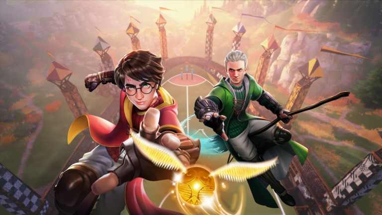 Picture showing Harry Potter and Draco Malfoy chasing as Seekers in Harry Potter Quidditch Champions.