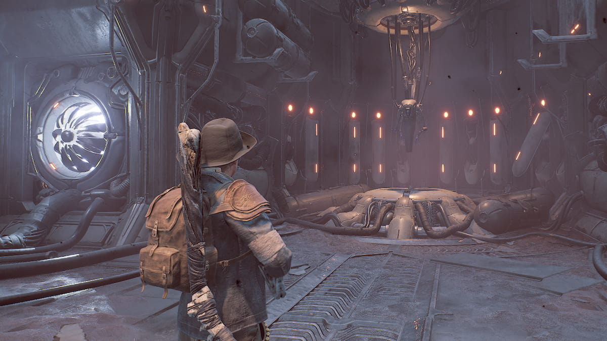 A Remnant 2 character looks at a line of robots