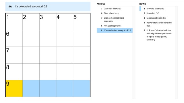 The clue, It's celebrated every April 22, highlighted in blue and yellow on the nyt mini crossword puzzle