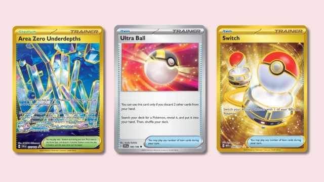 Area Zero Underdepths and Poke Ball cards with pink background.