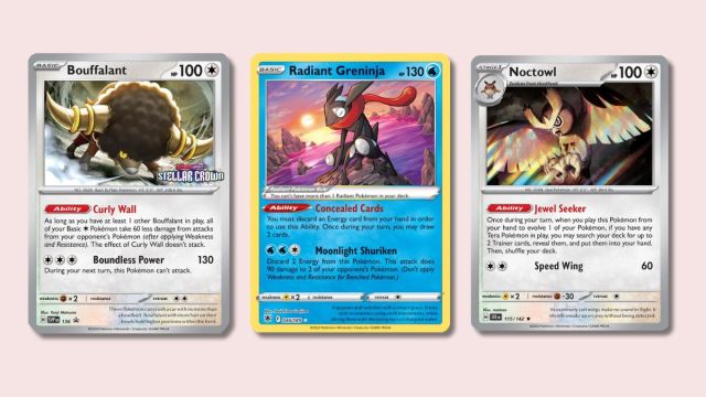 Bouffalant, Radiant Greninja, and Noctowl Pokemon cards.