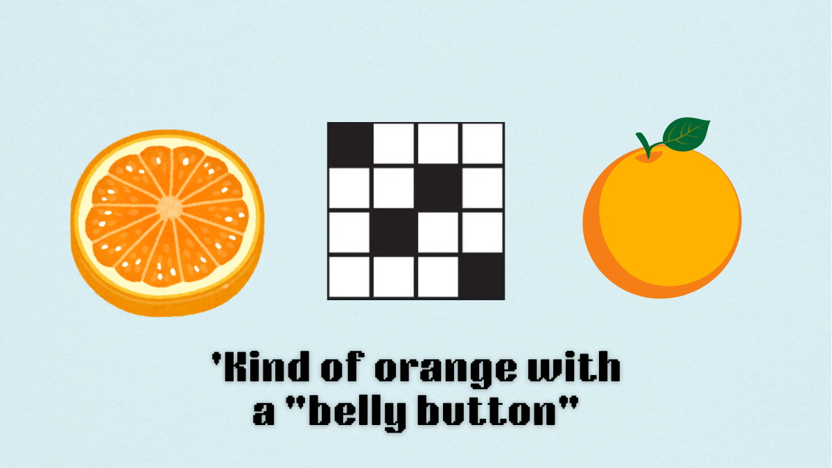 Picture showing the Kind of orange with a belly button’ clue cover in NYT Mini Crossword.