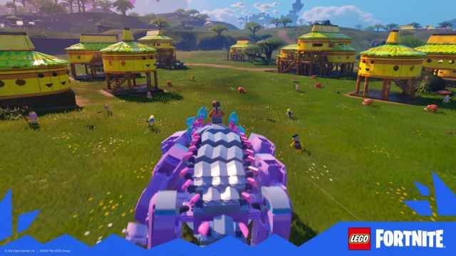 A ridden Klombo through a Nana Village in Lego Fortnite.