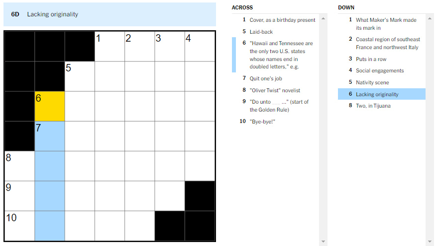 Picture showing the Lacking originality clue in NYT Mini Crossword.