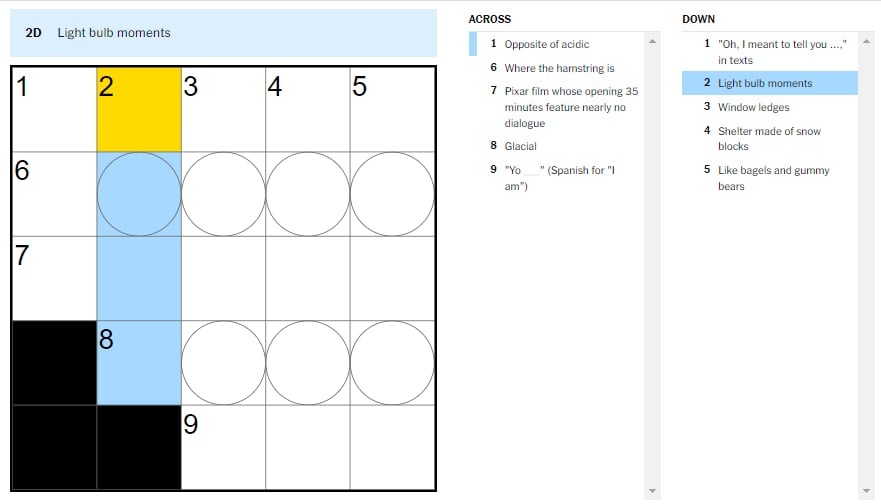 Picture showing the Light bulb moments clue in NYT Mini Crossword.