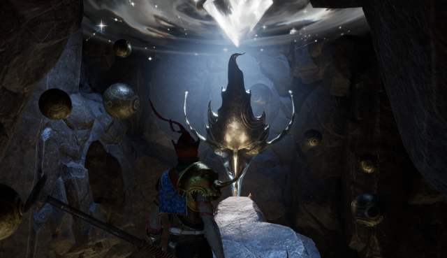 Litho, a scary-looking giant floating mask, floats in front of the player character in Enotria: the Last Song.