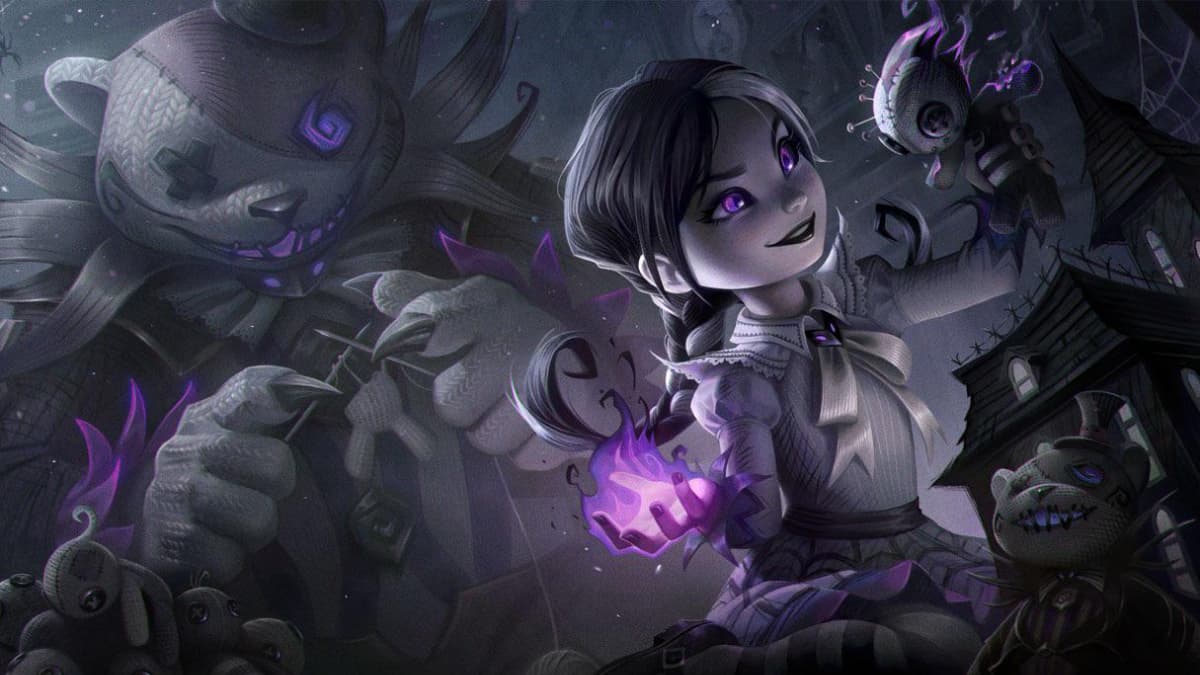 An image of Annie in the Fright Night Skinline from League of Legends. This skin turns Annie into a horror character with purple fire.