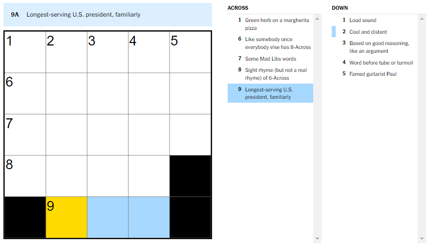 Picture showing the Longest-serving U.S. president, familiarly clue in NYT Mini Crossword.