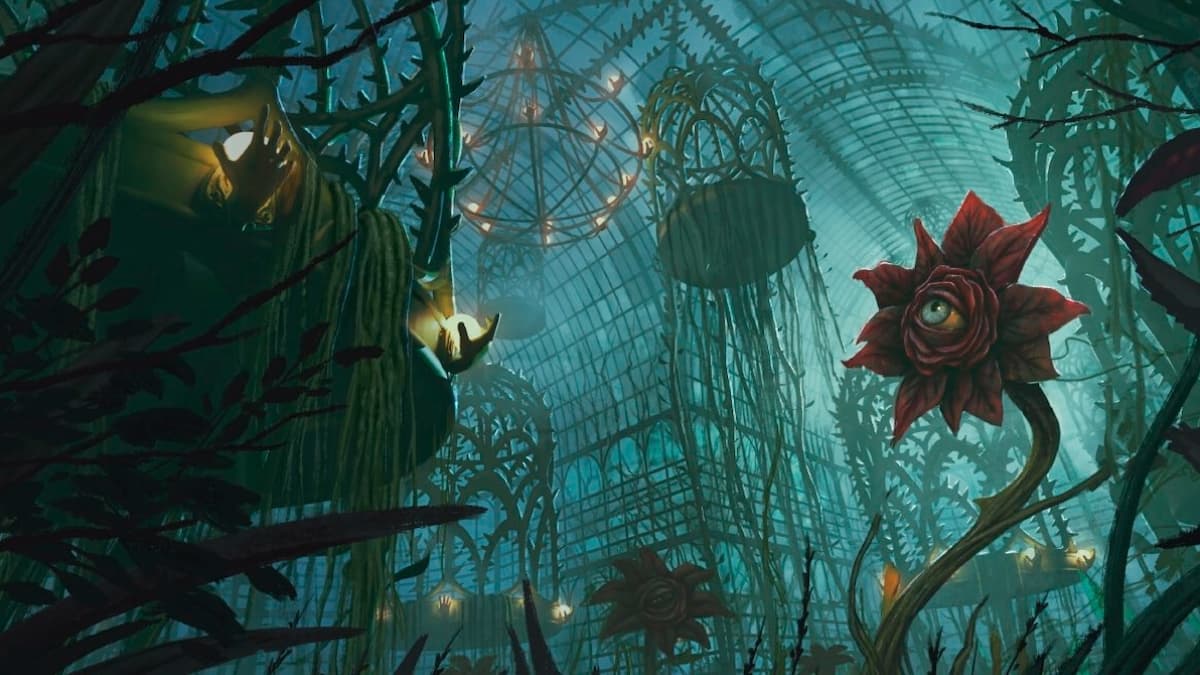 A forest of plants and creatures with red flower that has blue eyeball and hand of human reaching out from inside a hanging cage in MTG Duskmourn set