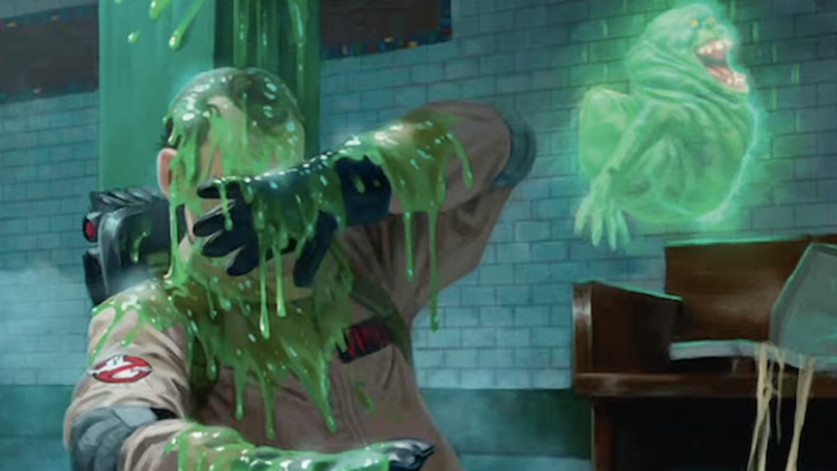 Slimer dumping slime on Bill Murrey look-a-like in Ghostbuster uniform with brick building in background through MTG Secret Lair Slimer drops