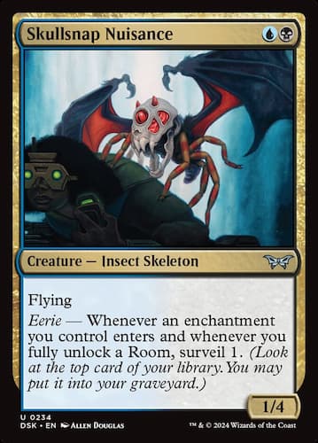 Insect Skeleton with red eyes, black and red wings, and multiple legs in MTG Duskmourn set