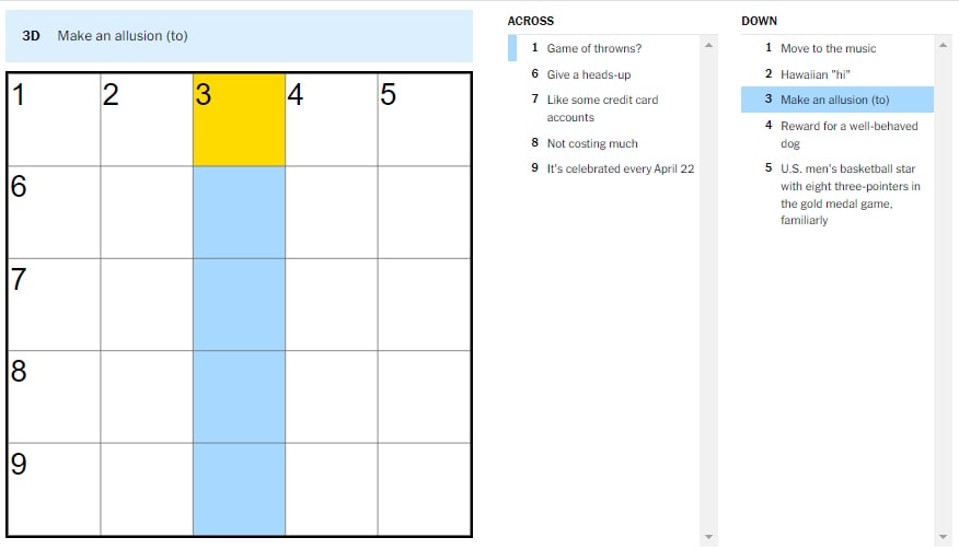 Picture showing the take an allusion (to) clue in NYT Mini Crossword.