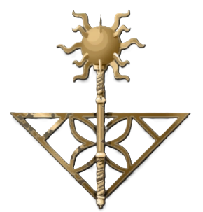 A golden mace sits atop an intricate triangle design in Enotria. This shows readers the Manfrina Mask Line