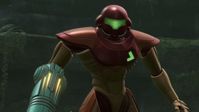 A shot of Samus Aran in full armor suit, shot from waist up