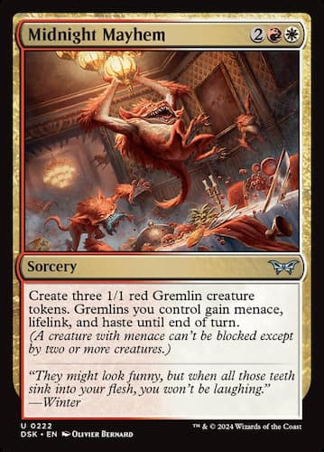 Red and grey Gremlins swinging from latern and climbing over food tables in Duskmourn MTG Set